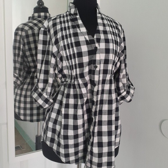 Coupe Collection Black and White Plaid Button Shirt Tie Waist Size Medium - Picture 10 of 15